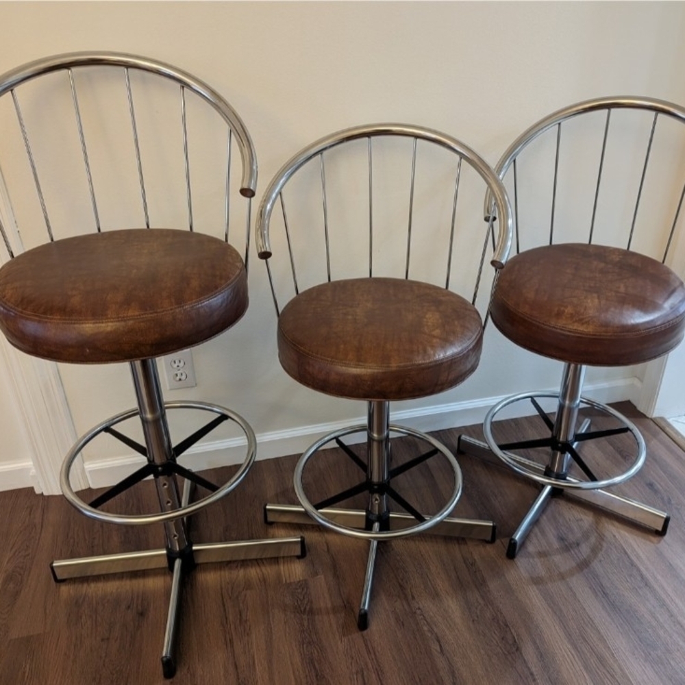 Retro 70s Chrome & Brown Vinyl Adjustable Bar Stools - Cosco